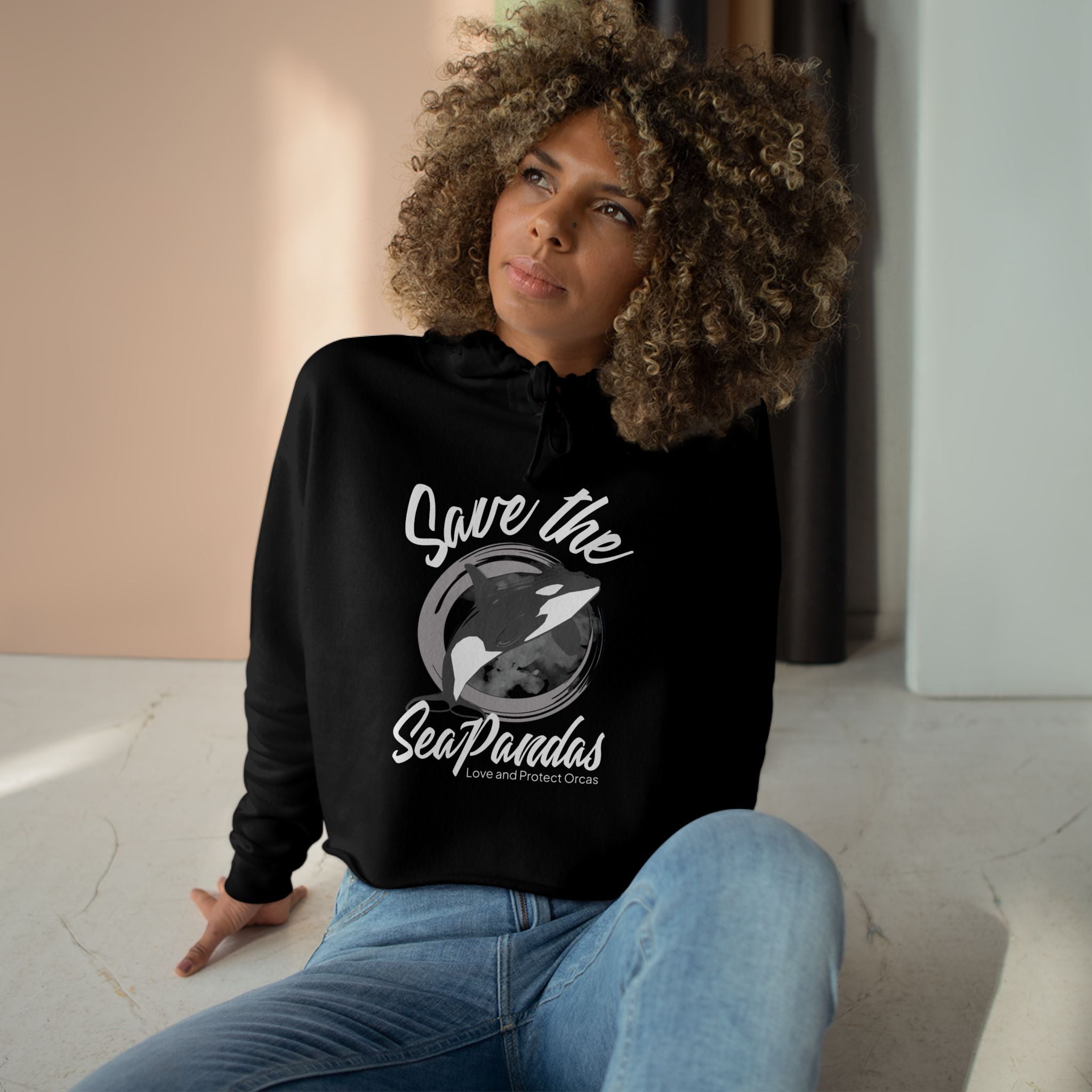 Save the Sea Pandas (Orcas) Crop Hoodie — Chic Fashion Illustration Sweatshirt: Dark Colors