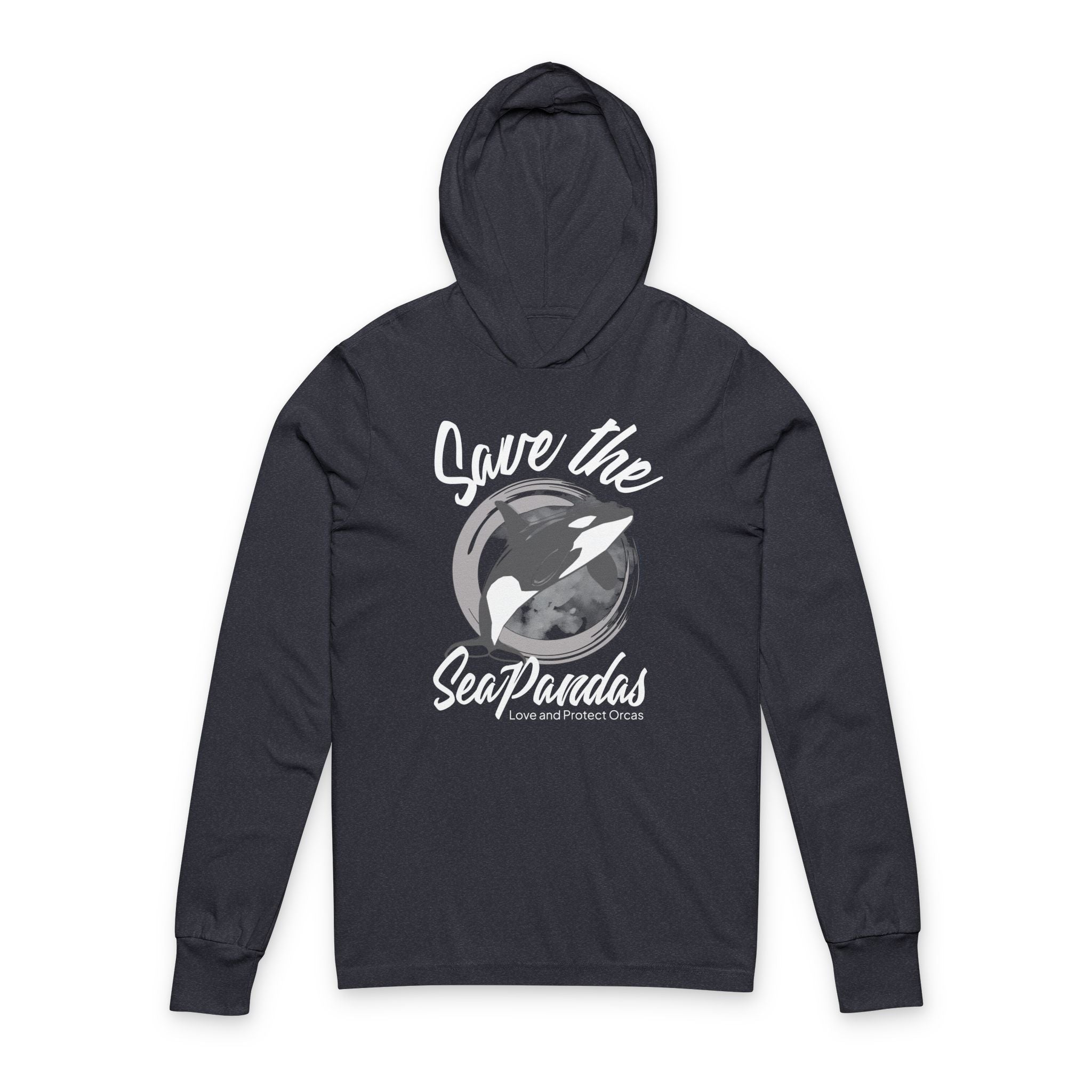 Save the Sea Pandas Hooded Long Sleeve Tee — Orca Conservation Graphic Hoodie Top: Dark Colors