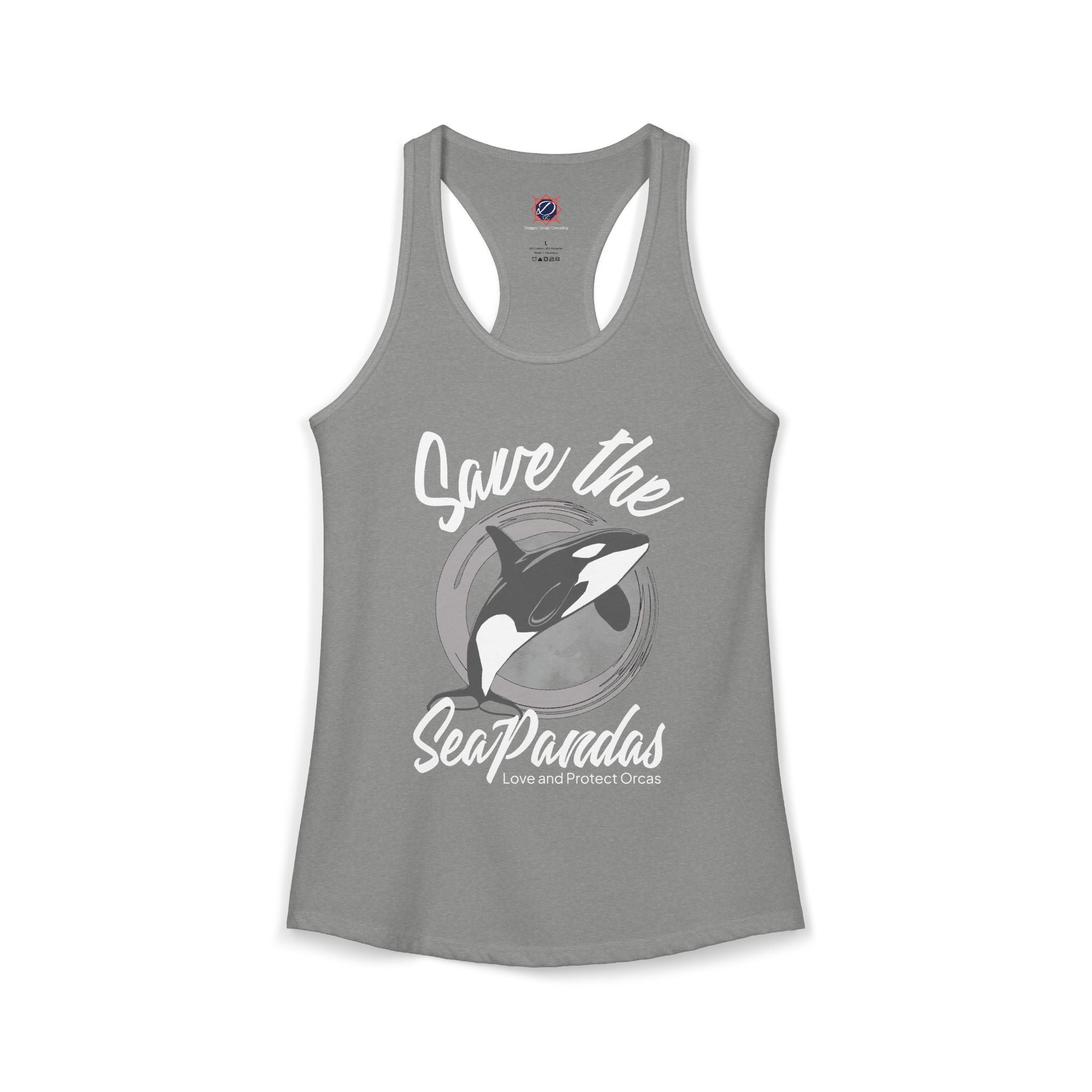 Save the Sea Pandas (Orcas) Ideal Racerback Graphic Tank Top: Grey/White