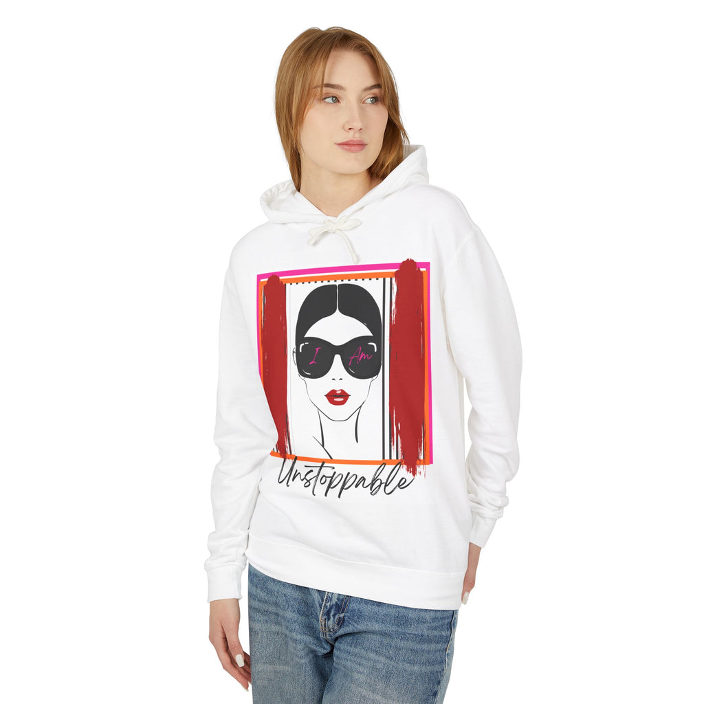 Unstoppable Graphic hoodie with a woman's face and sunglasses