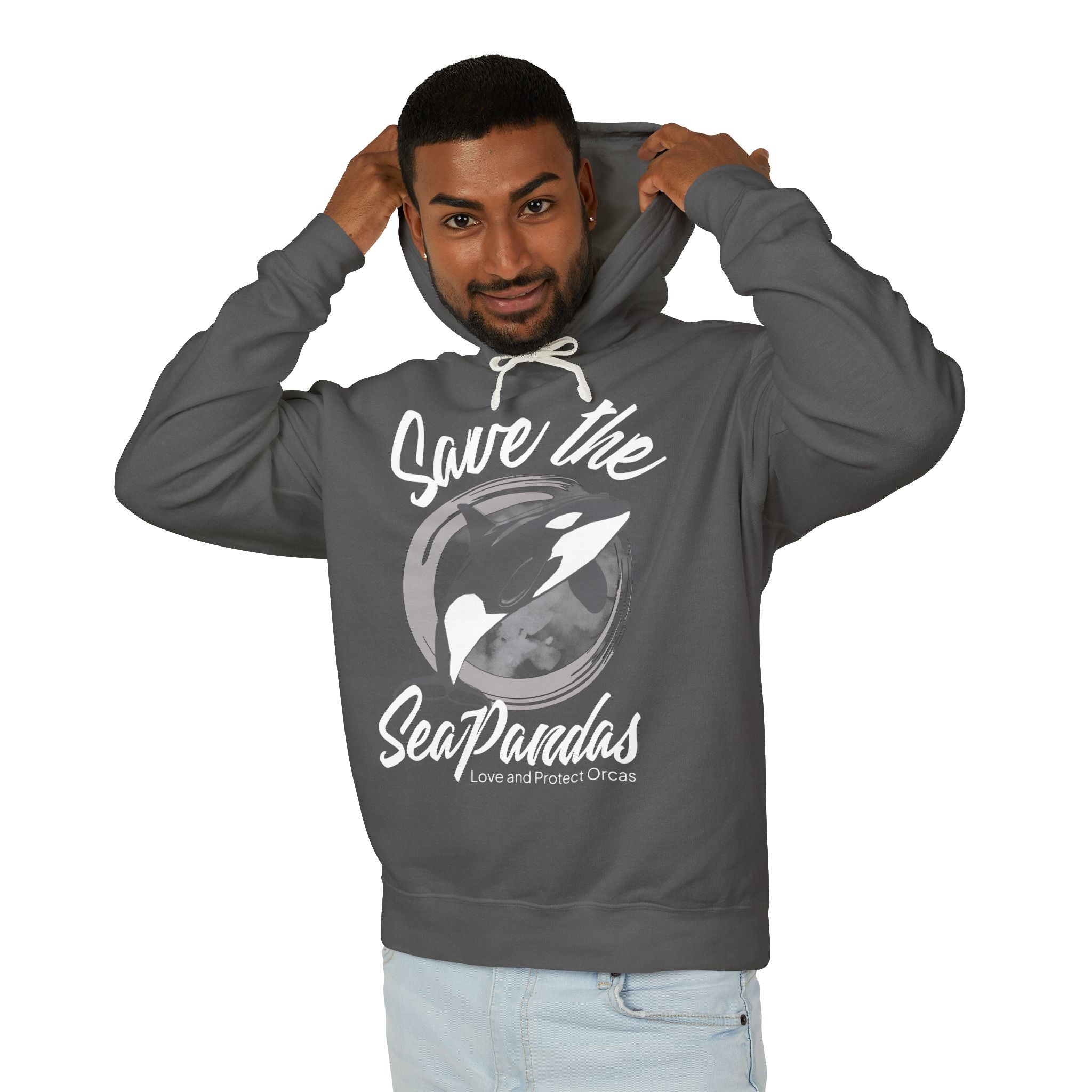 Save the Sea Pandas (Orcas) Fashion Hoodie — Orca Whale Graphic Pullover: Grey