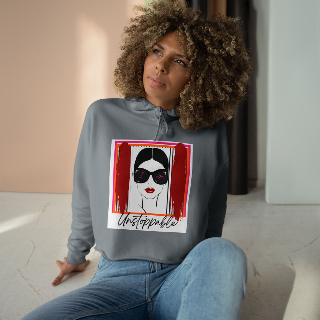 Unstoppable Graphic cropped hoodie with a woman's face and sunglasses