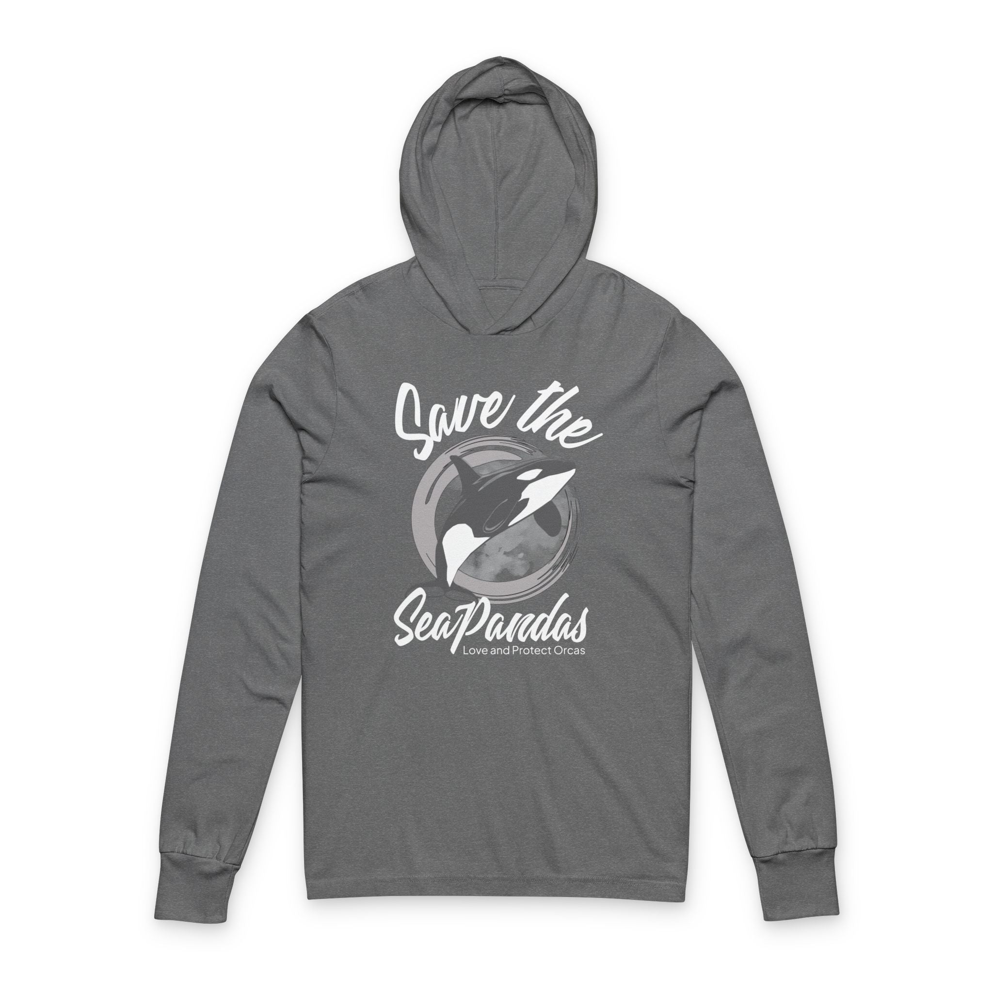Save the Sea Pandas Hooded Long Sleeve Tee — Orca Conservation Graphic Hoodie Top: Dark Colors