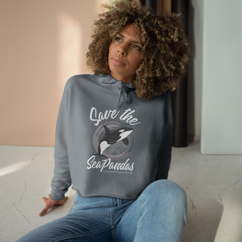 Save the Sea Pandas (Orcas) Crop Hoodie — Chic Fashion Illustration Sweatshirt: Dark Colors