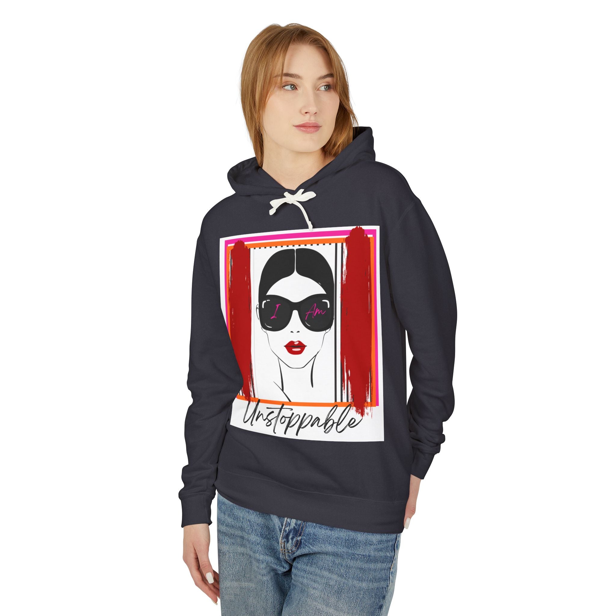 Unstoppable Graphic hoodie with a woman's face and sunglasses