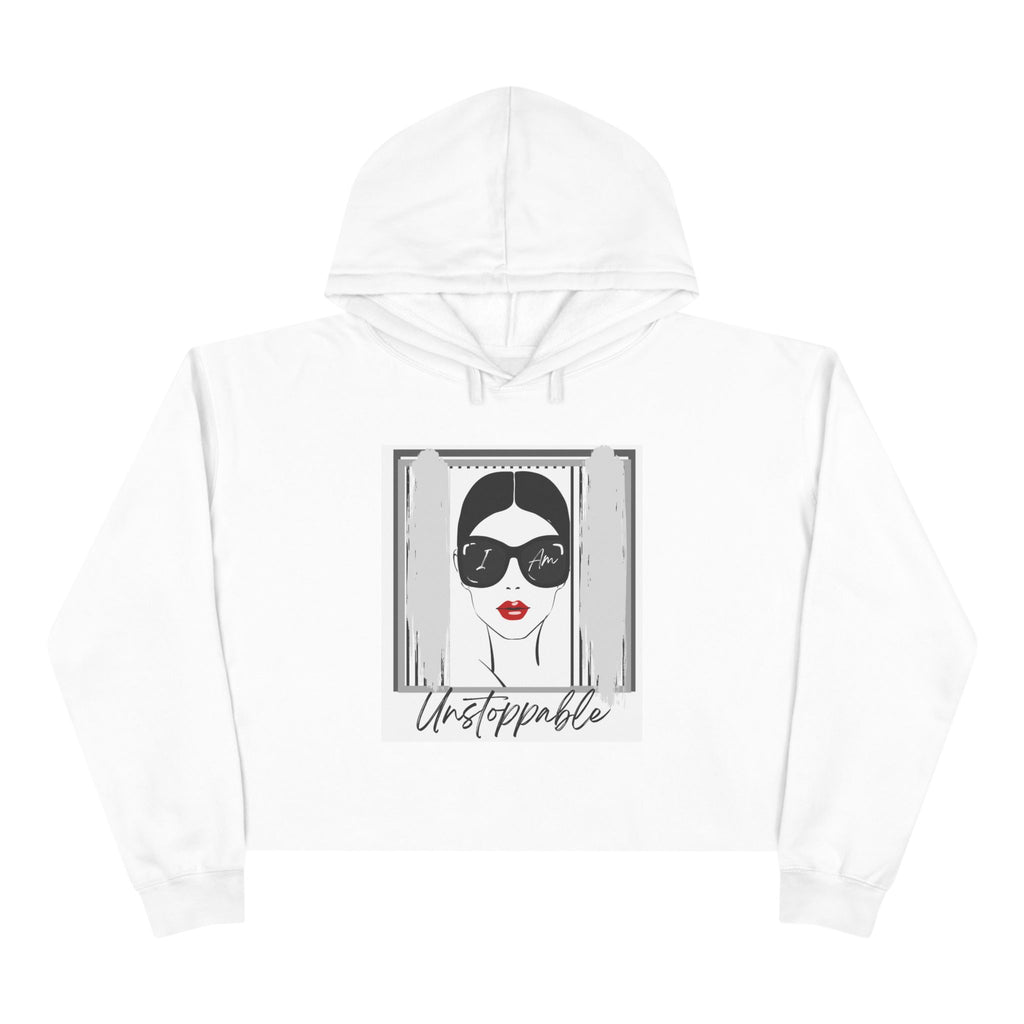 Unstoppable Graphic cropped hoodie with a woman's face and sunglasses