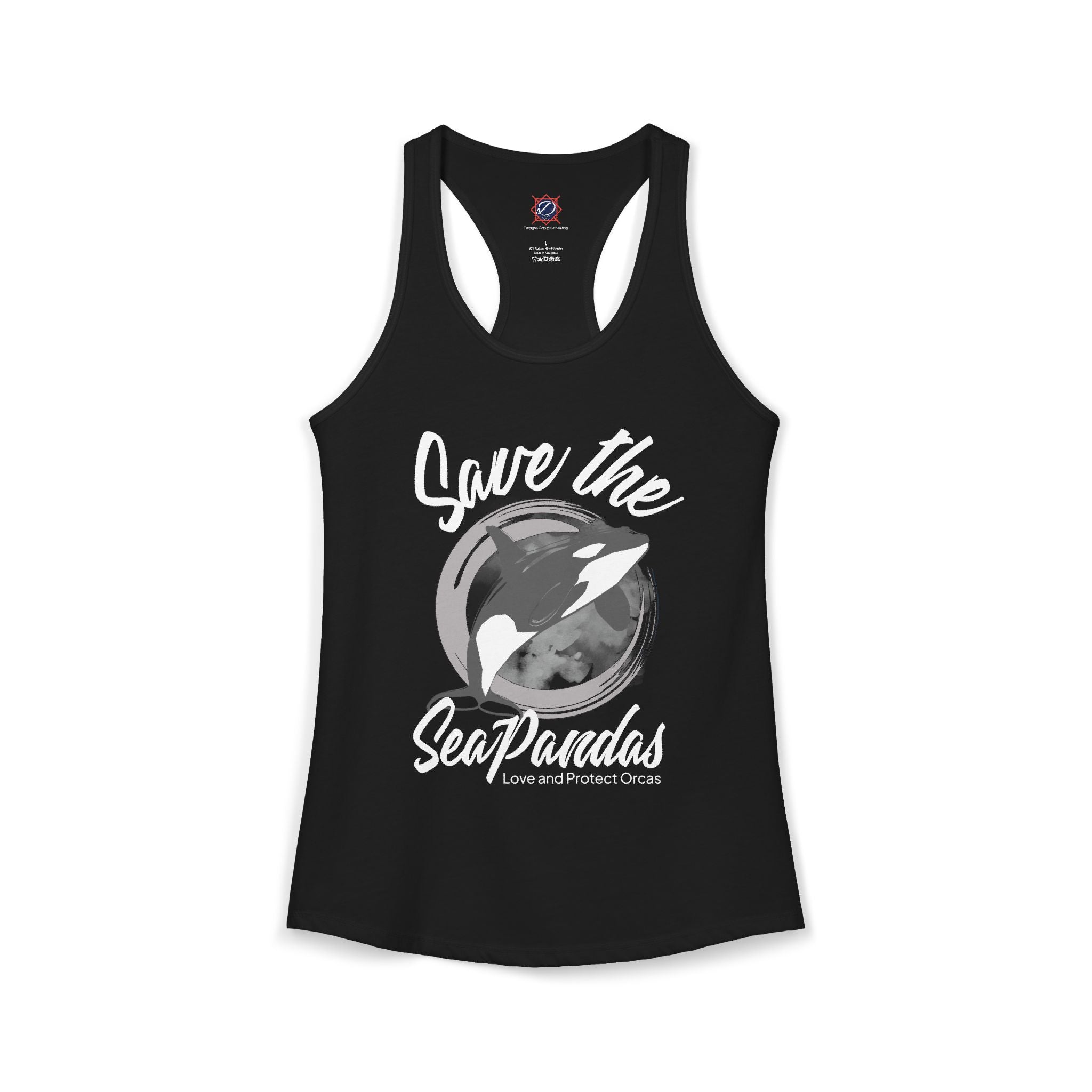 Save the Sea Pandas (Orcas) Ideal Racerback Graphic Tank Top: Grey/White