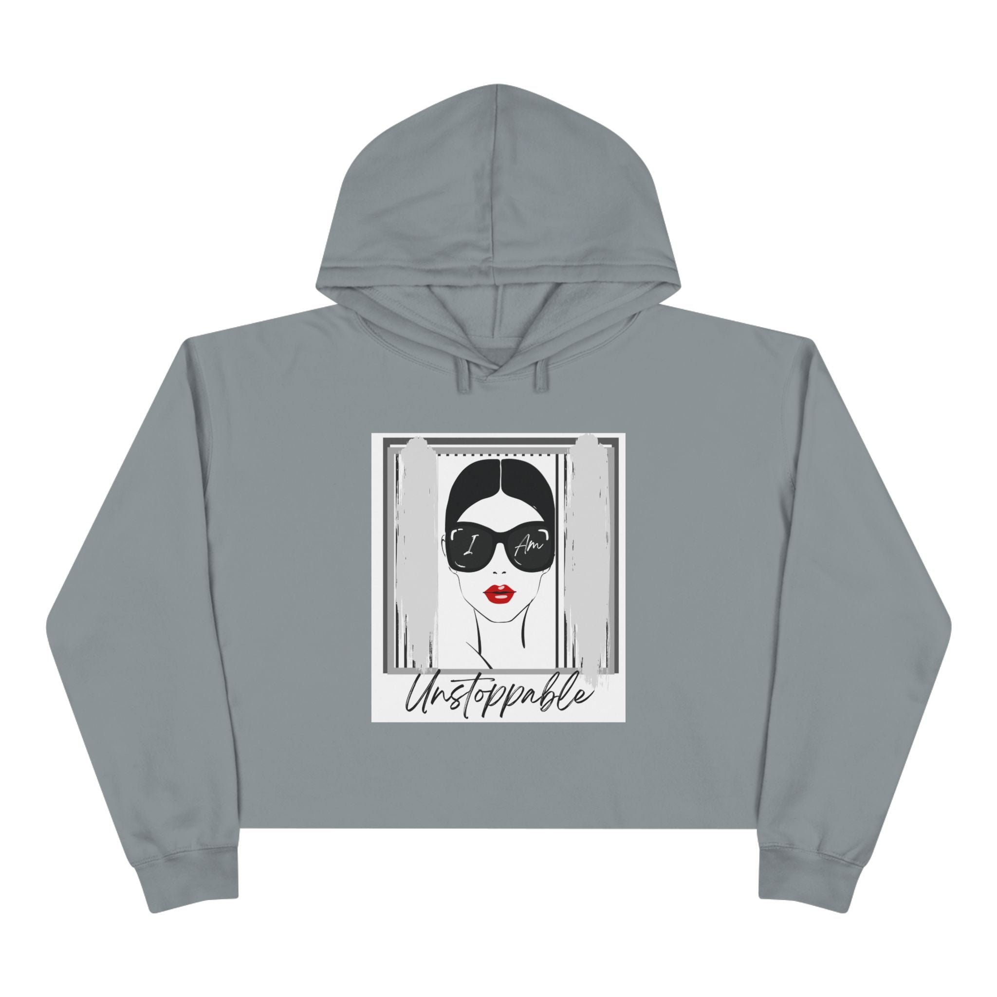 Unstoppable Graphic cropped hoodie with a woman's face and sunglasses