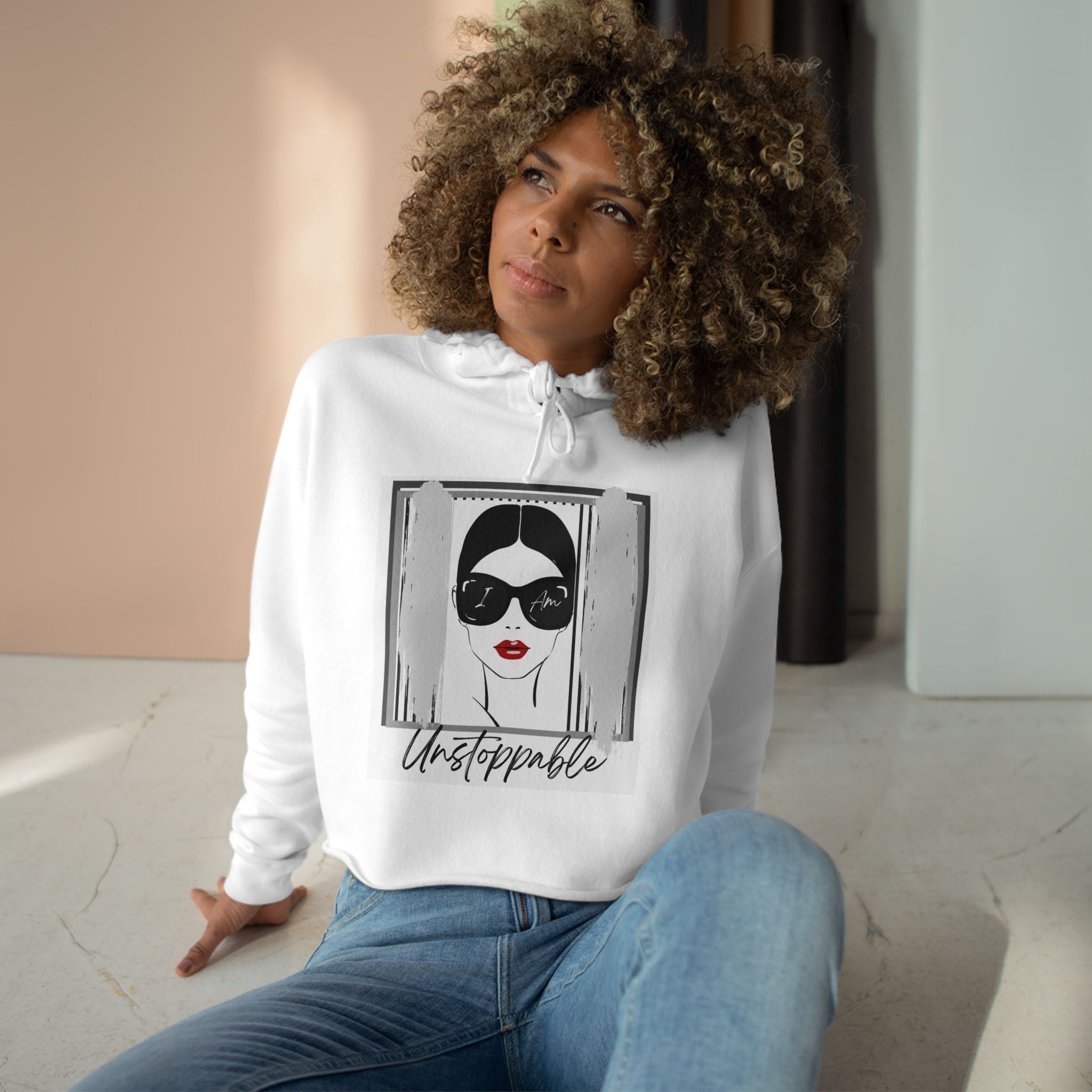 Unstoppable Graphic cropped hoodie with a woman's face and sunglasses