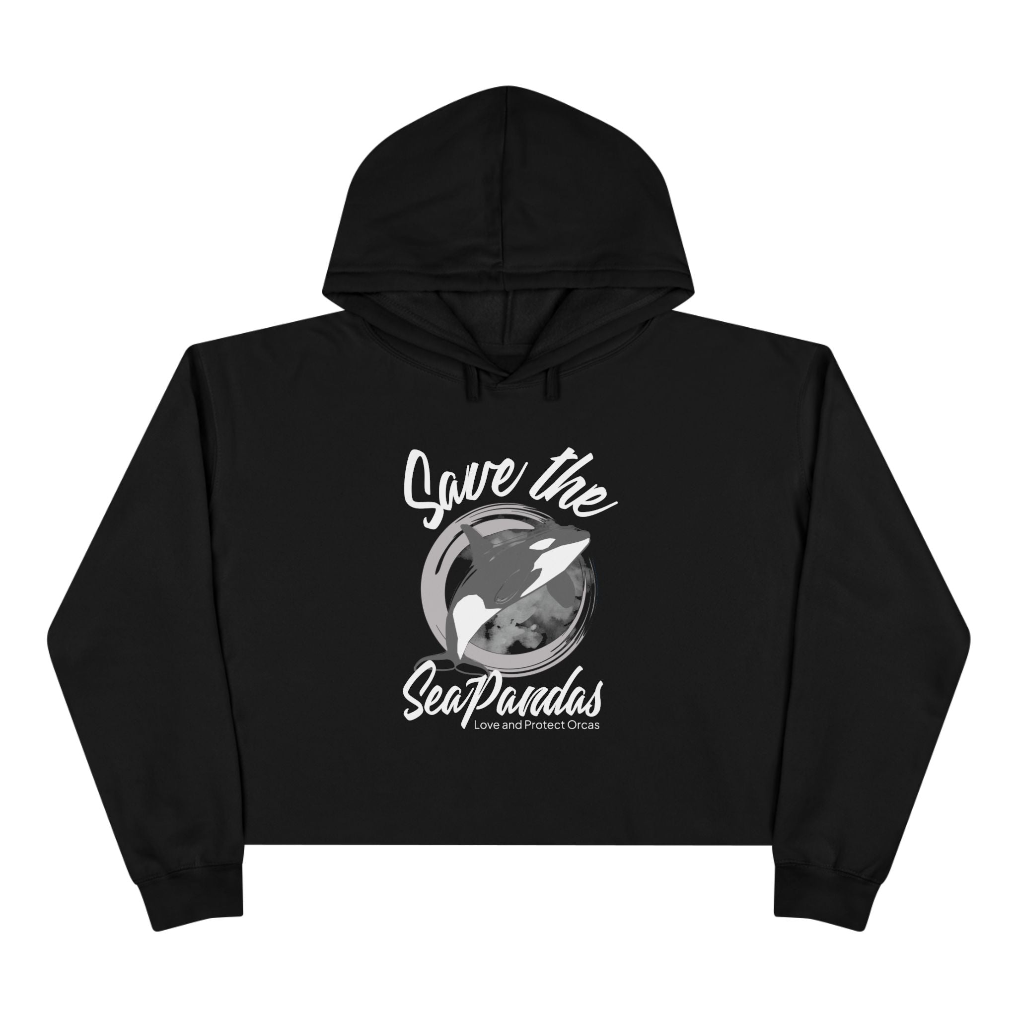 Save the Sea Pandas (Orcas) Crop Hoodie — Chic Fashion Illustration Sweatshirt: Dark Colors