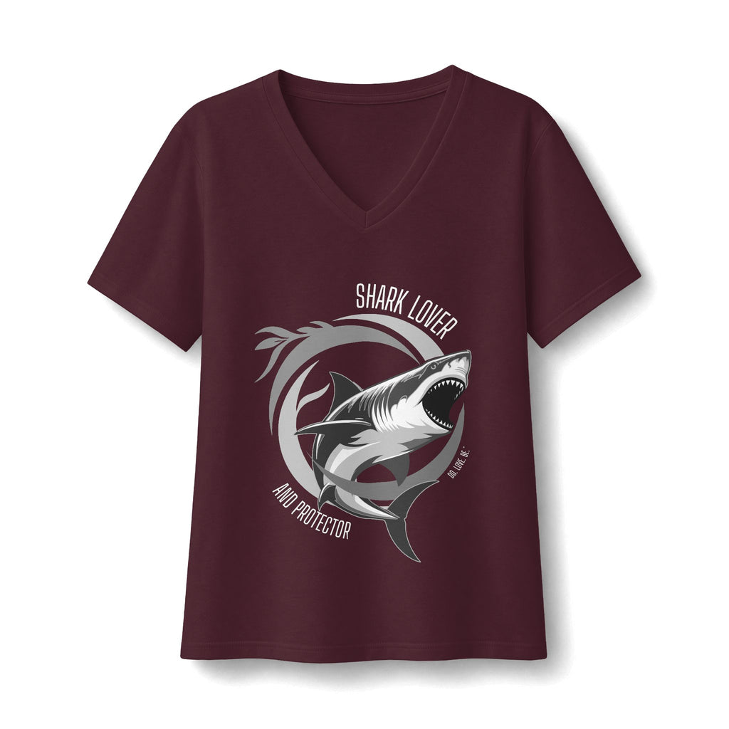 Shark Lover V-Neck Tee, Womens Great White Shark Graphic T-Shirt, Black white