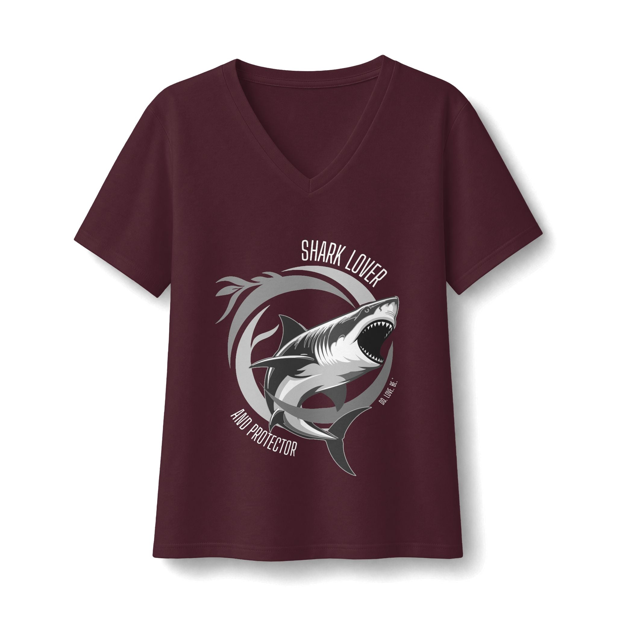 Shark Lover V-Neck Tee, Womens Great White Shark Graphic T-Shirt, Black white