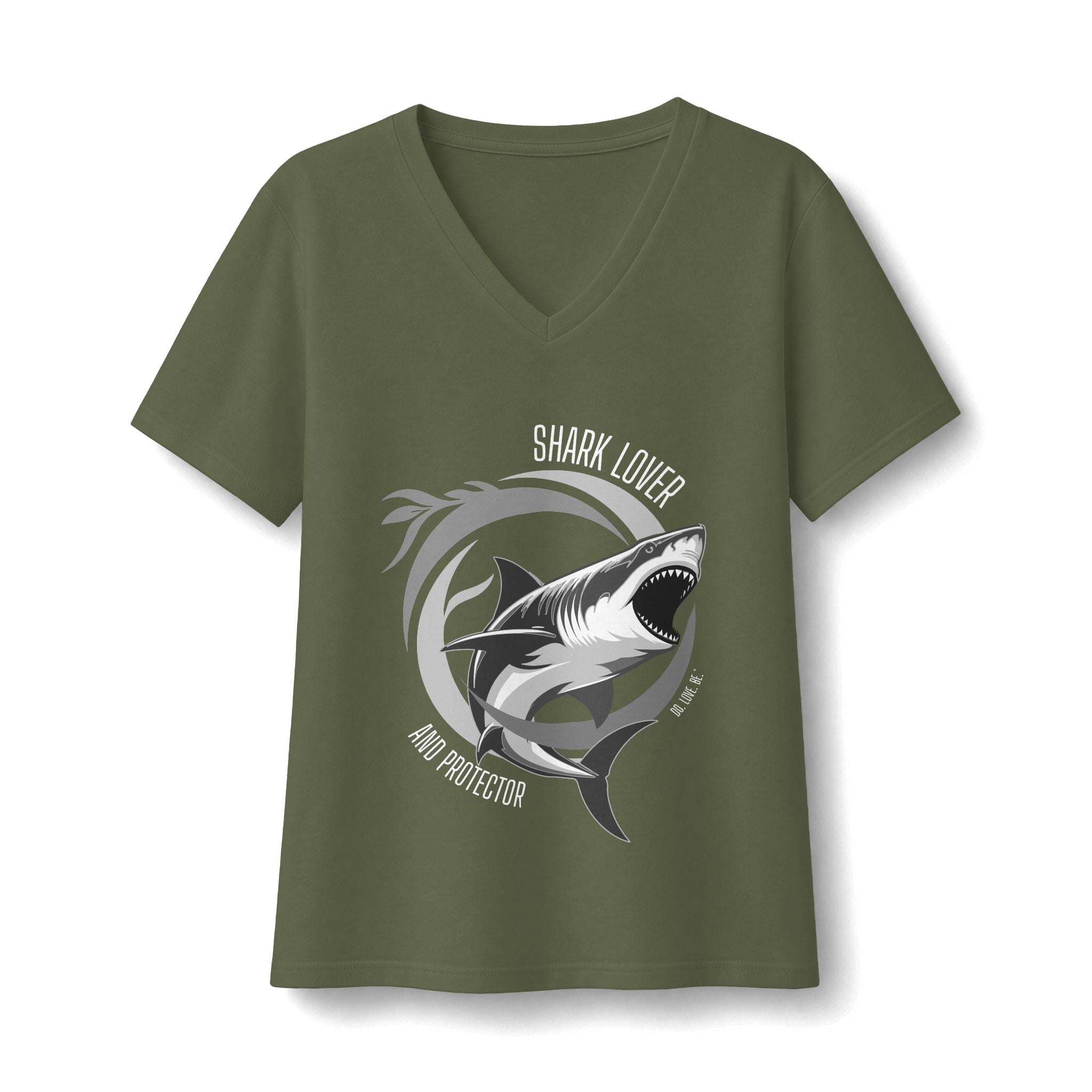 Shark Lover V-Neck Tee, Womens Great White Shark Graphic T-Shirt, Black white