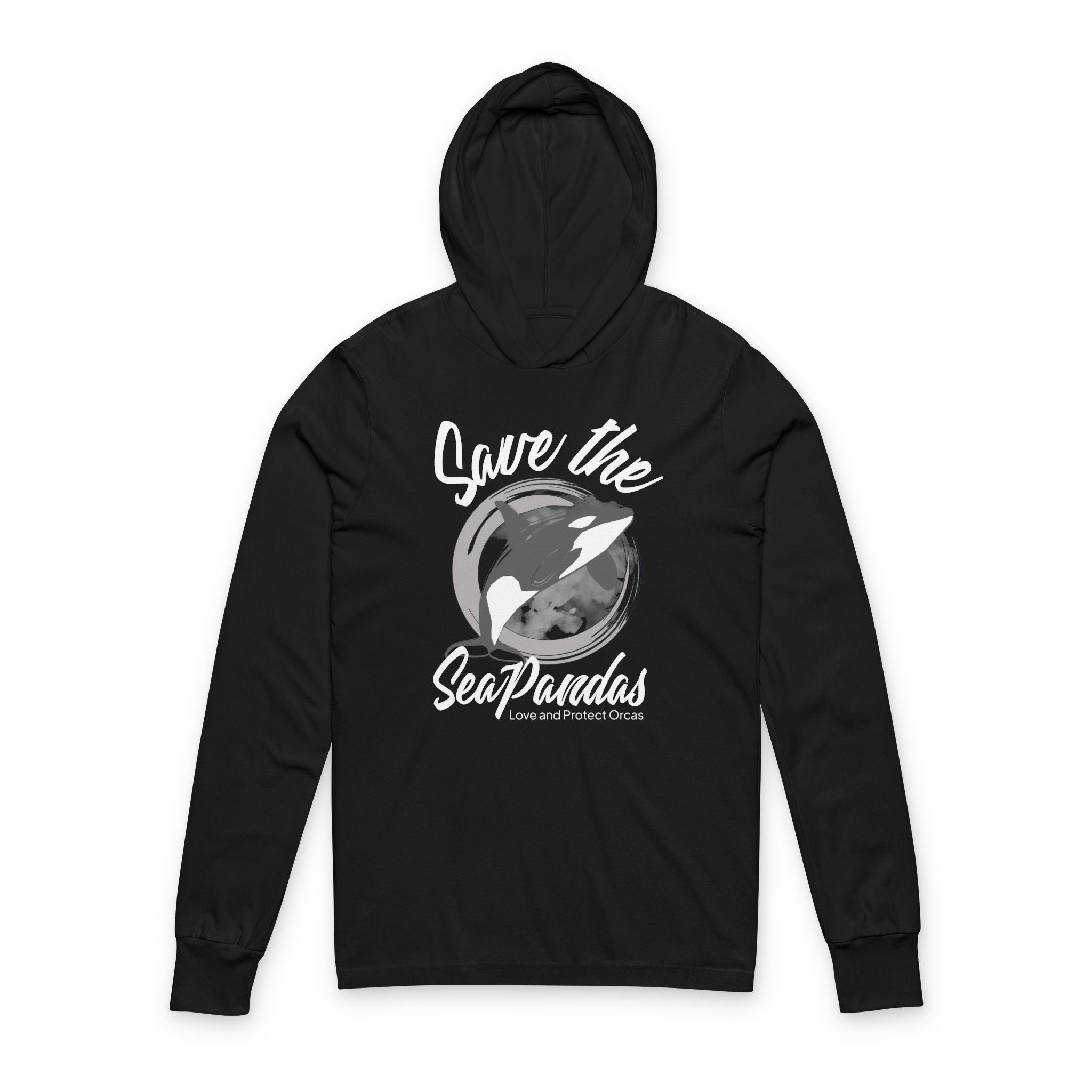 Save the Sea Pandas Hooded Long Sleeve Tee — Orca Conservation Graphic Hoodie Top: Dark Colors