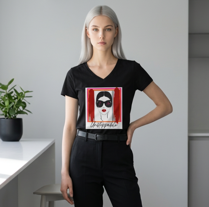 Unstoppable Graphic tee with a woman's face and sunglasses