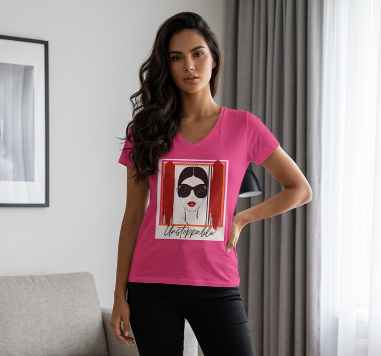 Unstoppable Graphic tee with a woman's face and sunglasses