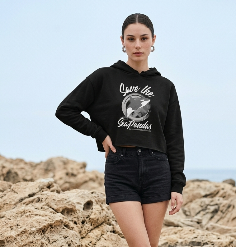 Save the Sea Pandas (Orcas) Crop Hoodie — Chic Fashion Illustration Sweatshirt: Dark Colors