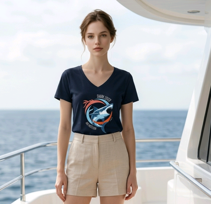 Shark Lover V-Neck Tee, Womens Great White Shark Graphic T-Shirt, Black white