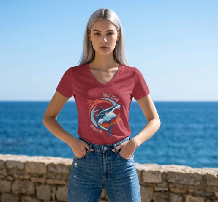 Shark Lover V-Neck Tee, Womens Great White Shark Graphic T-Shirt, Black white