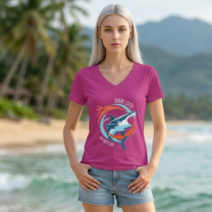 Shark Lover V-Neck Tee, Womens Great White Shark Graphic T-Shirt Colors