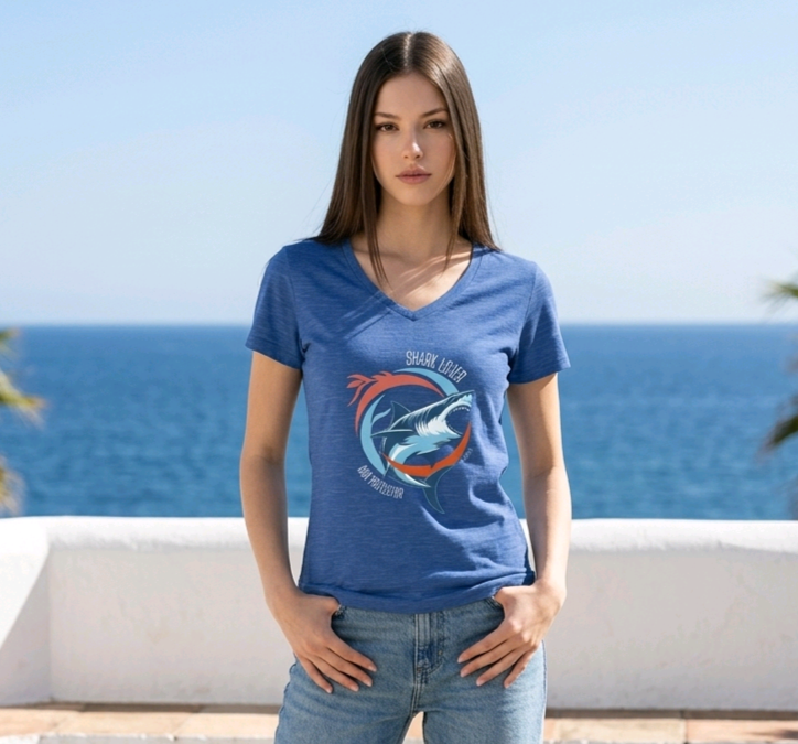 Great White Shark Circle V-Neck Tee, Womens Ocean Shark Graphic Shirt