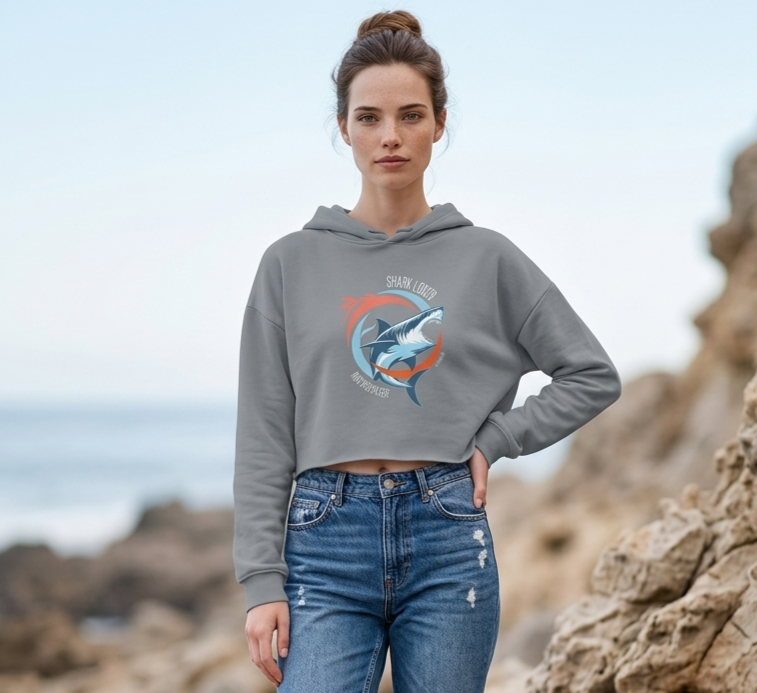 White shark lover graphic women's cropped hoodie by DO. LOVE. BE. 