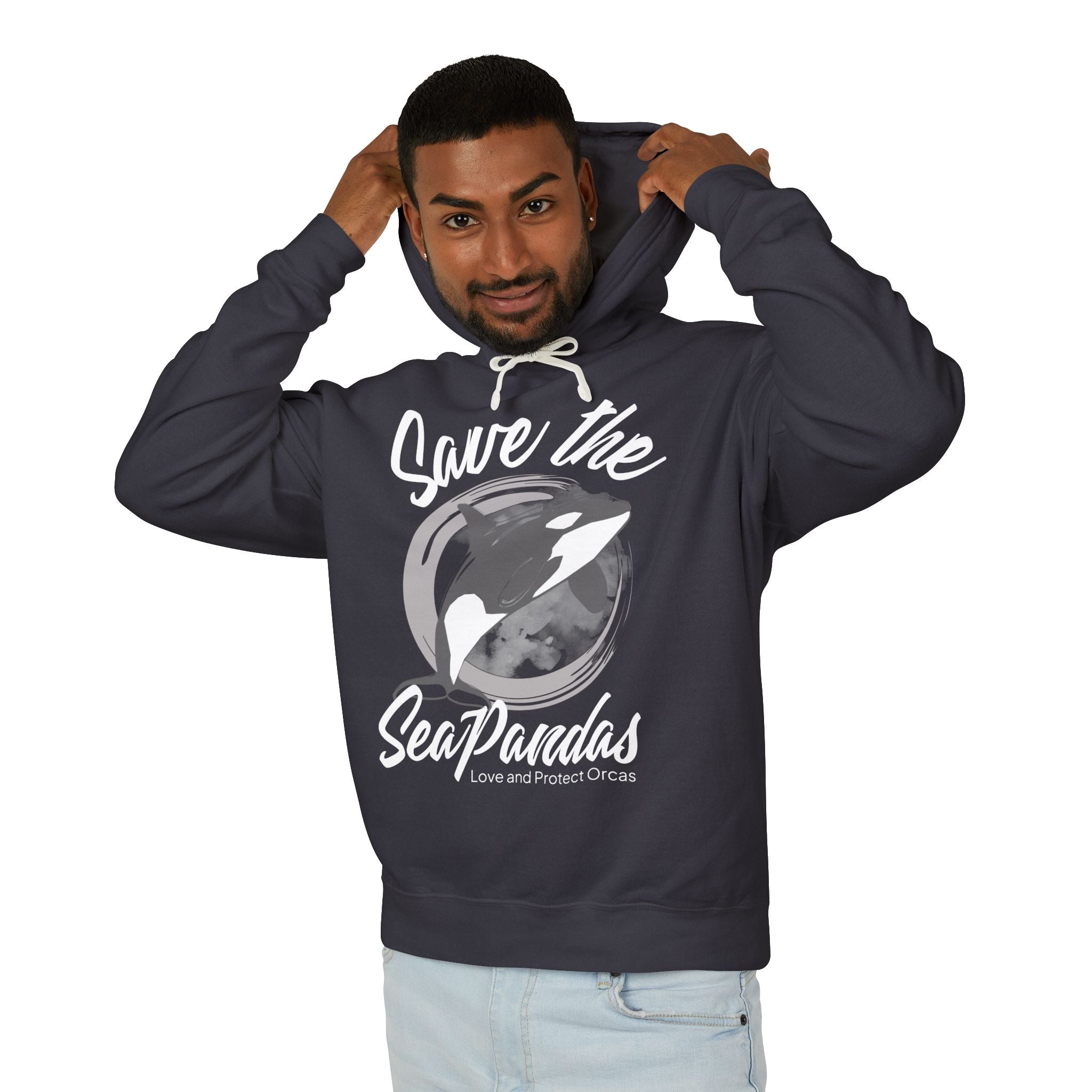 Save the Sea Pandas (Orcas) Fashion Hoodie — Orca Whale Graphic Pullover: Grey