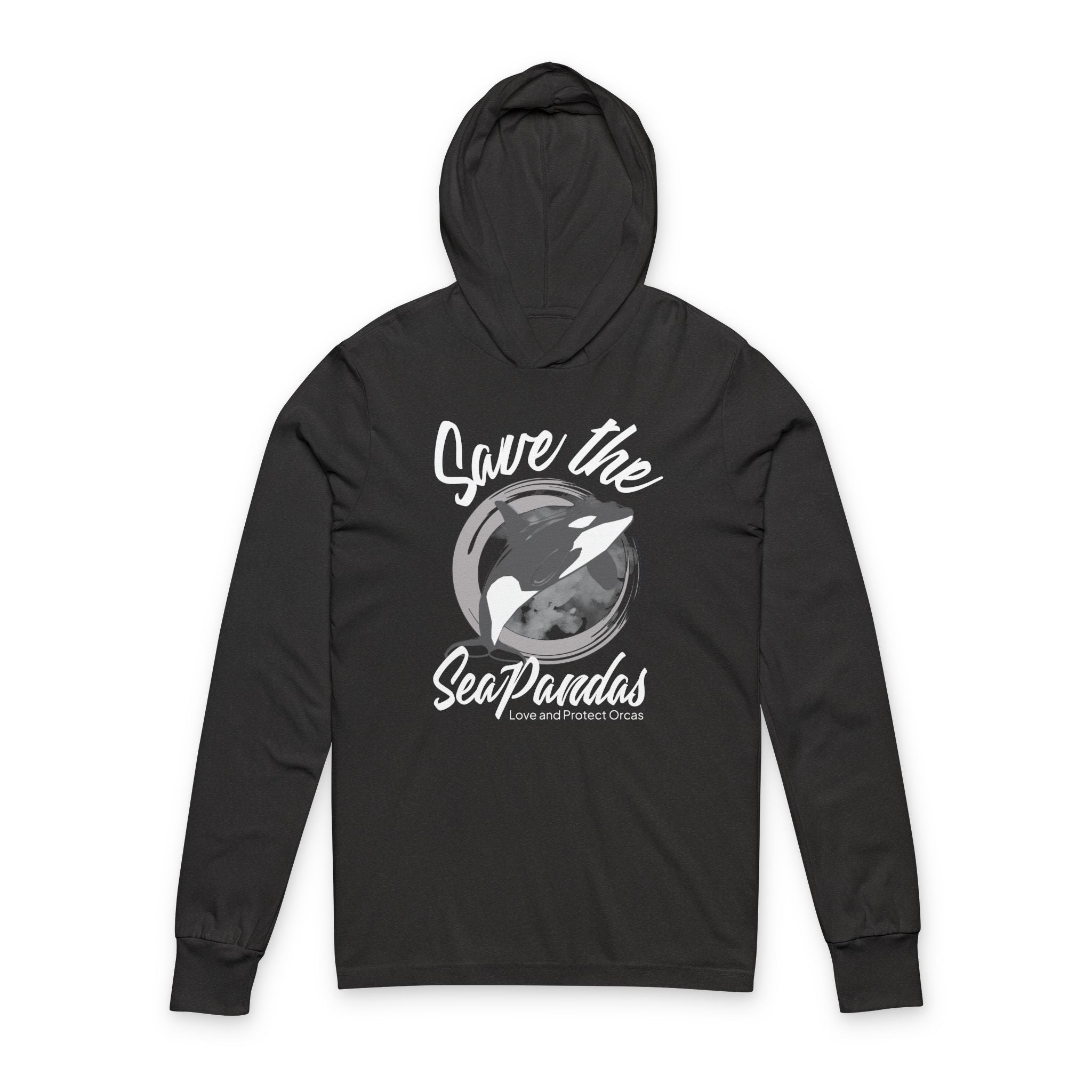 Save the Sea Pandas Hooded Long Sleeve Tee — Orca Conservation Graphic Hoodie Top: Dark Colors