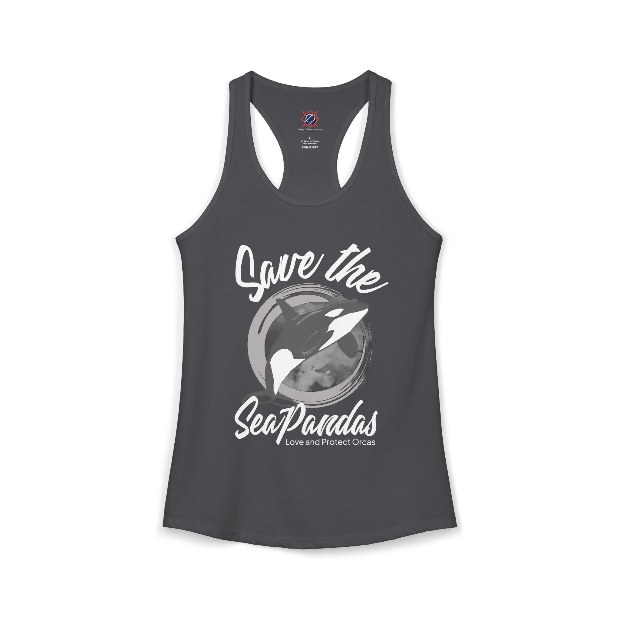 Save the Sea Pandas (Orcas) Ideal Racerback Graphic Tank Top: Grey/White