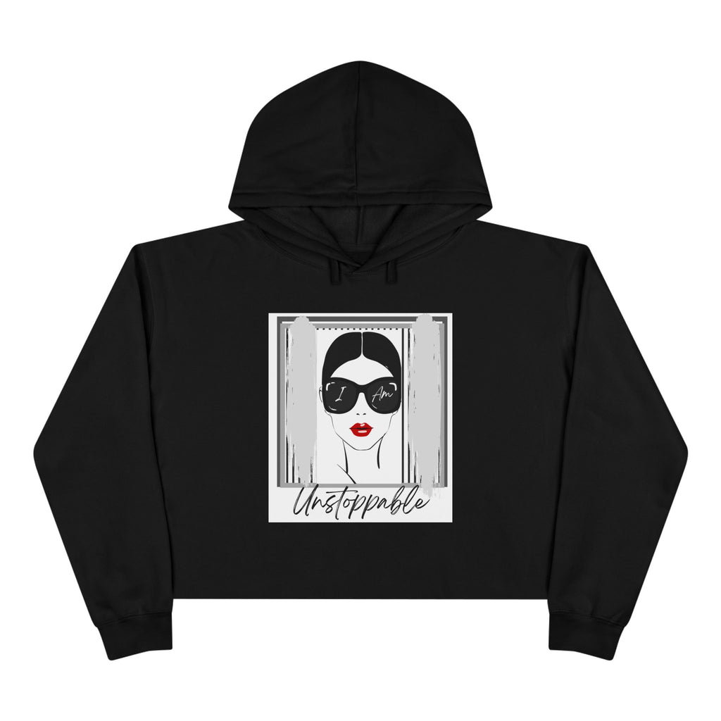 Unstoppable Graphic cropped hoodie with a woman's face and sunglasses