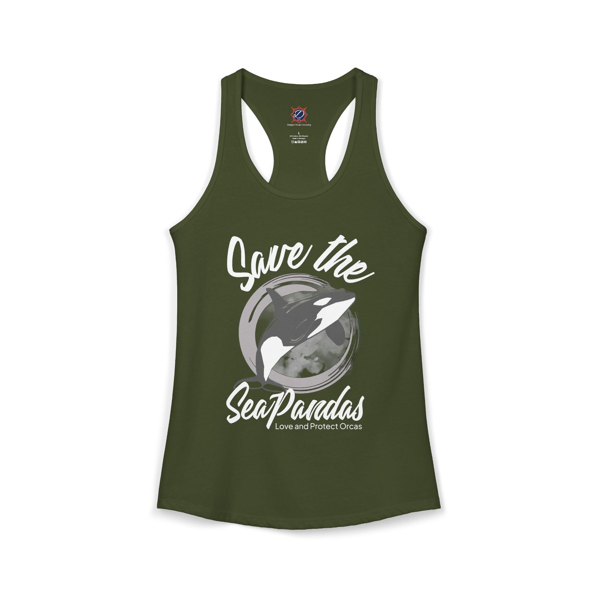 Save the Sea Pandas (Orcas) Ideal Racerback Graphic Tank Top: Grey/White