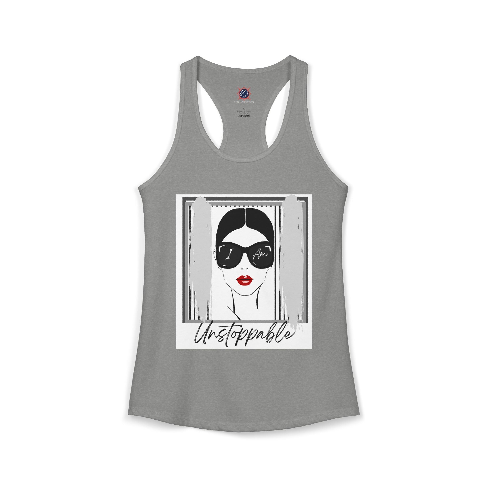 Unstoppable Graphic tank top with a woman's face and sunglasses