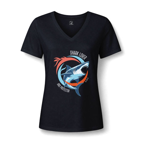 Great White Shark Circle V-Neck Tee, Womens Ocean Shark Graphic Shirt