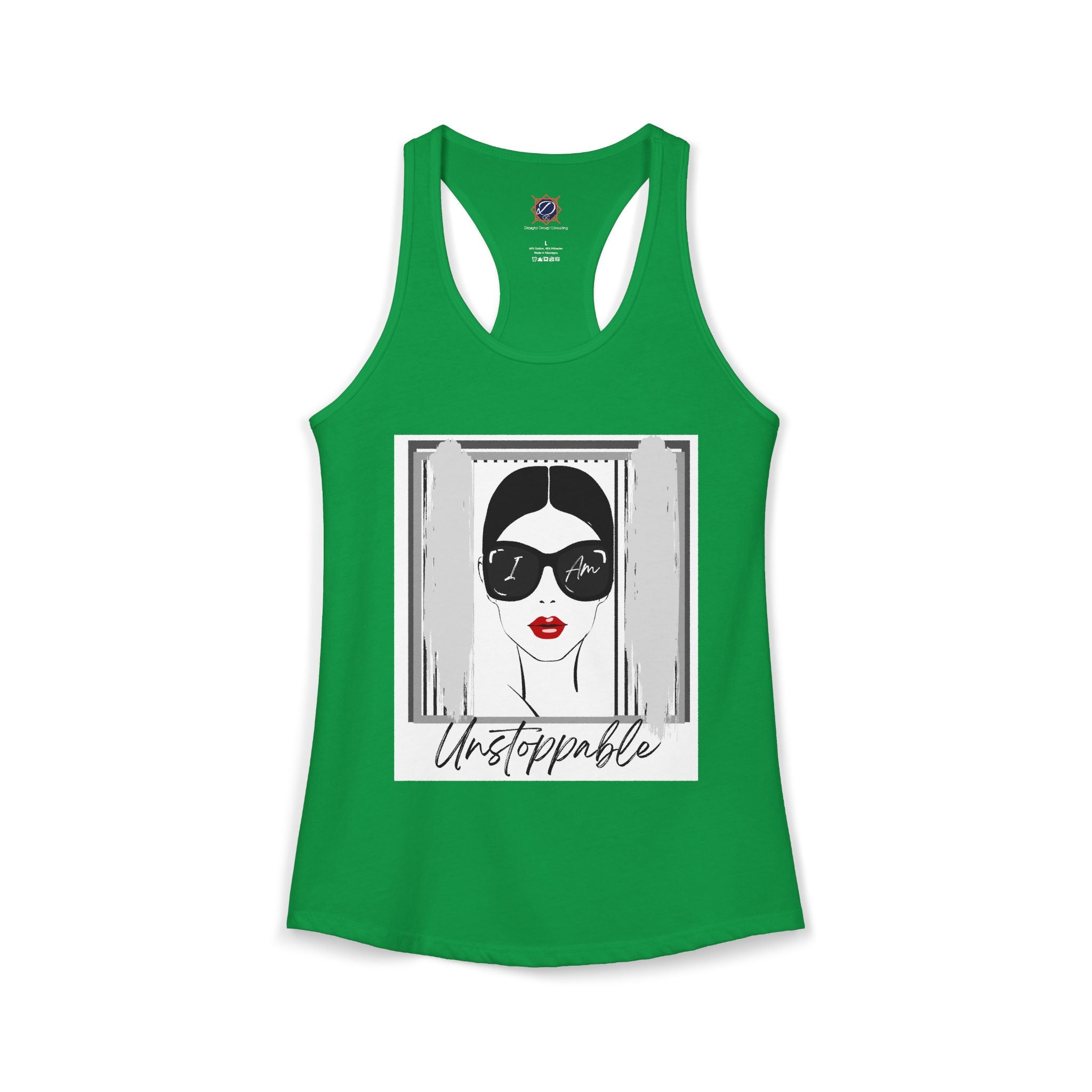 Unstoppable Graphic tank top with a woman's face and sunglasses