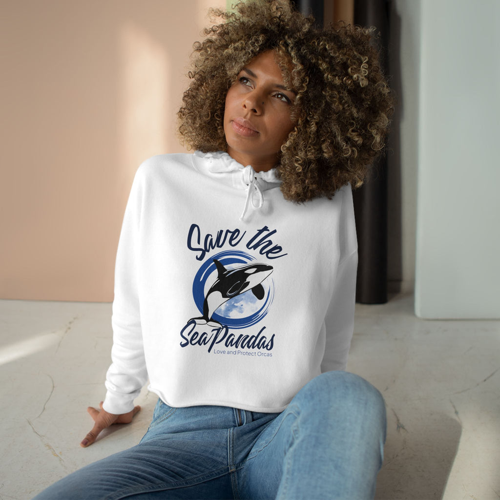 Save the Sea Pandas (Orcas) Crop Hoodie — Chic Fashion Illustration Sweatshirt: Dark Colors