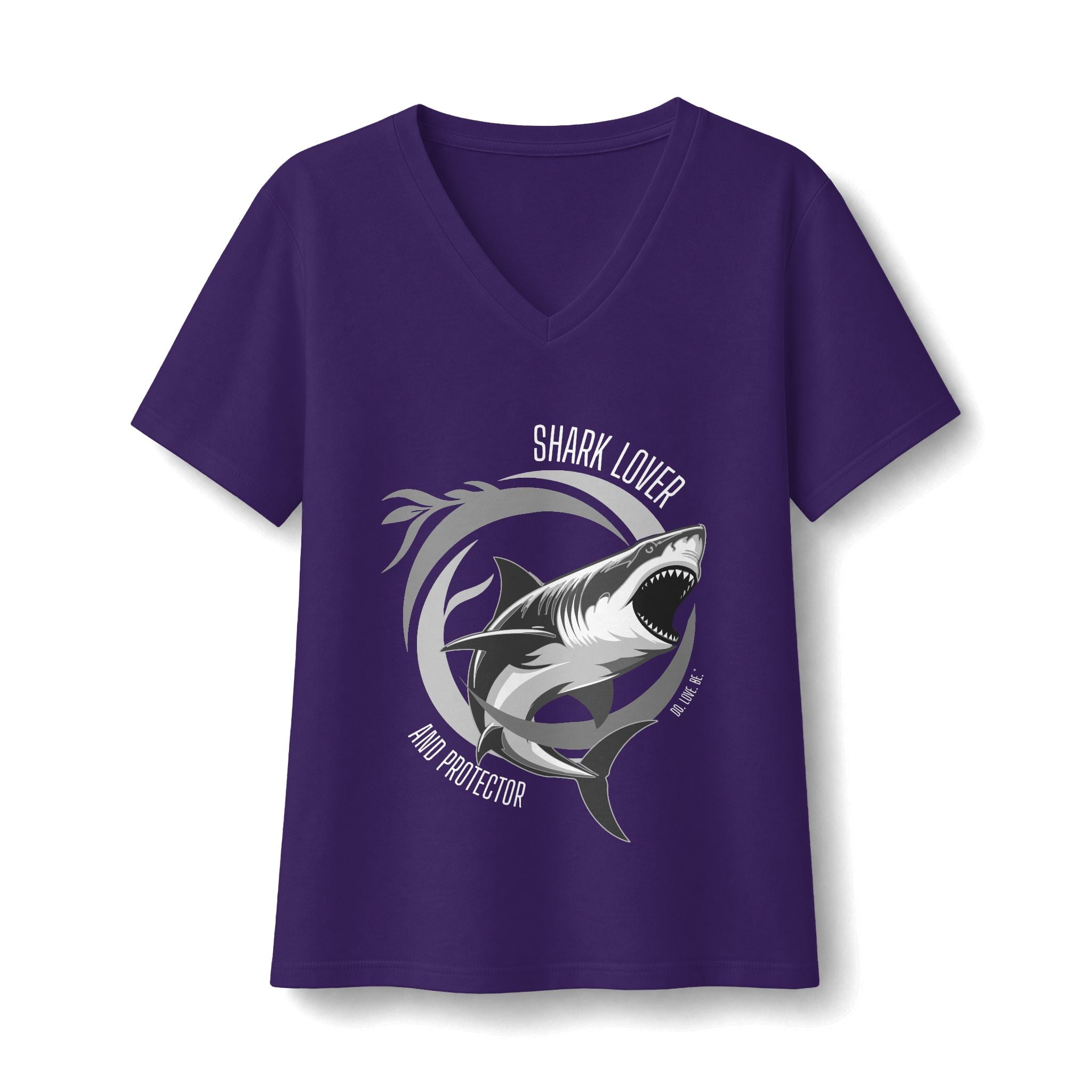 Shark Lover V-Neck Tee, Womens Great White Shark Graphic T-Shirt, Black white