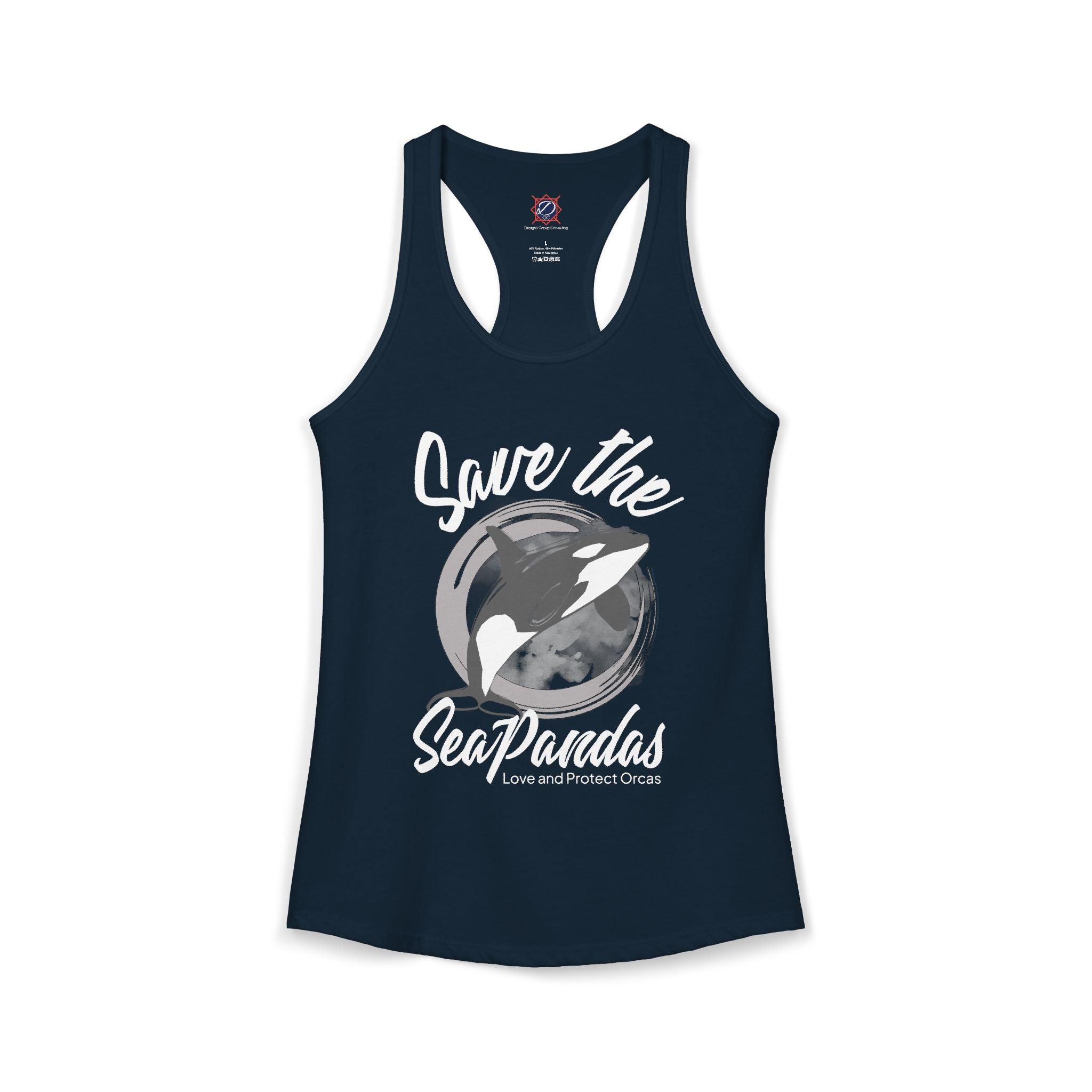 Save the Sea Pandas (Orcas) Ideal Racerback Graphic Tank Top: Grey/White