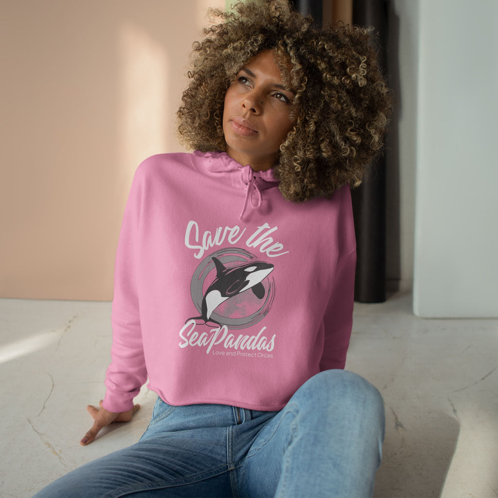 Save the Sea Pandas (Orcas) Crop Hoodie — Chic Fashion Illustration Sweatshirt: Dark Colors