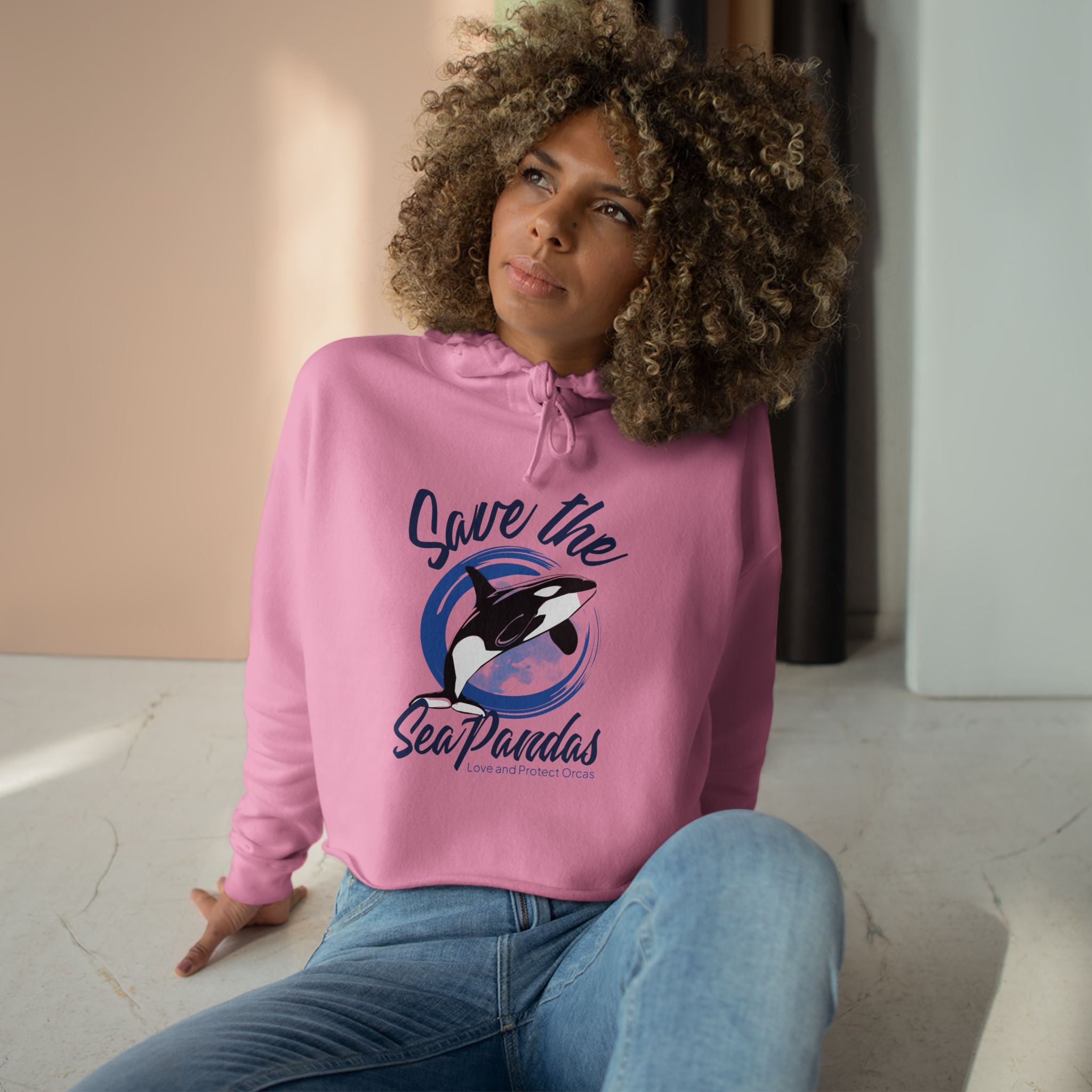 Save the Sea Pandas (Orcas) Crop Hoodie — Chic Fashion Illustration Sweatshirt: Dark Colors