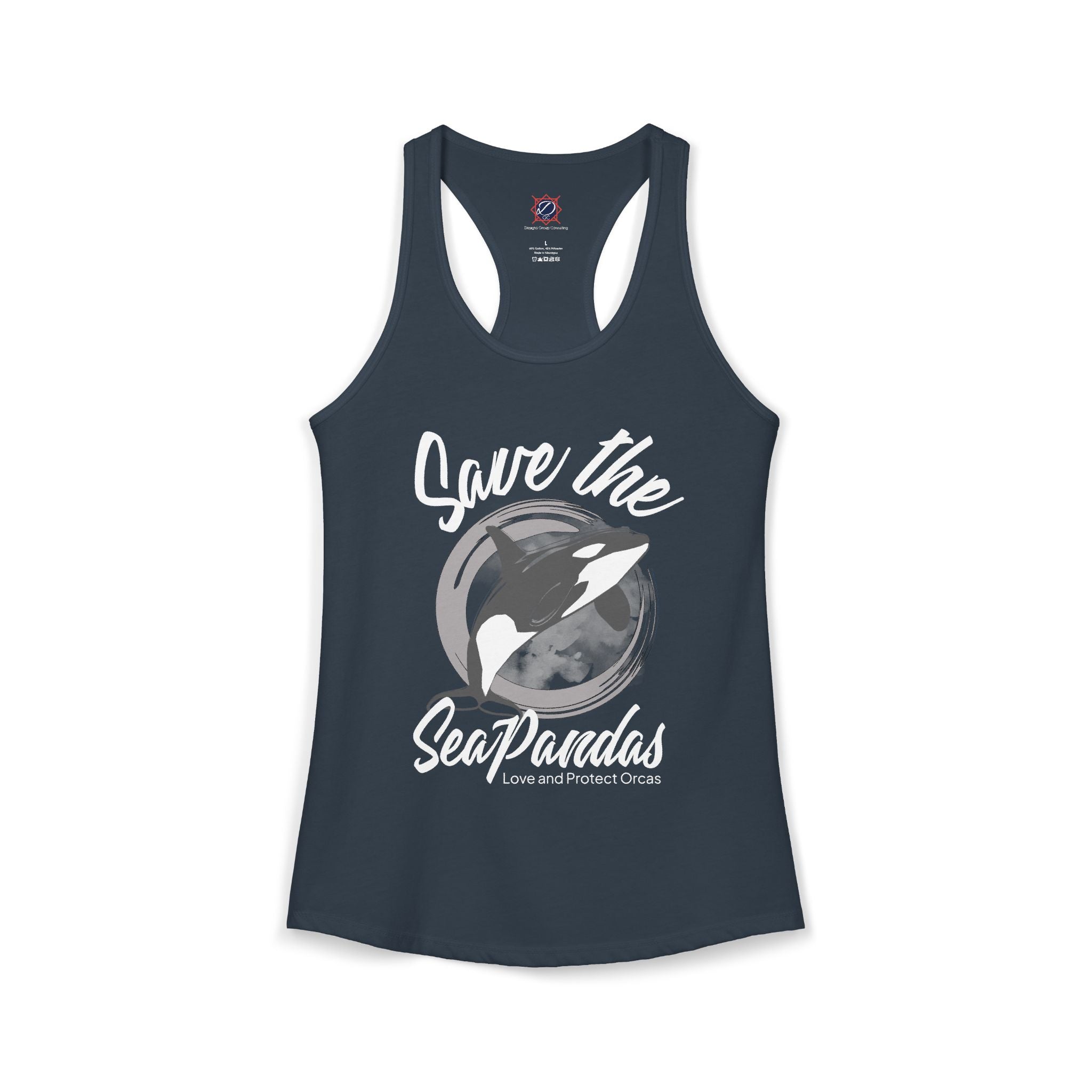 Save the Sea Pandas (Orcas) Ideal Racerback Graphic Tank Top: Grey/White