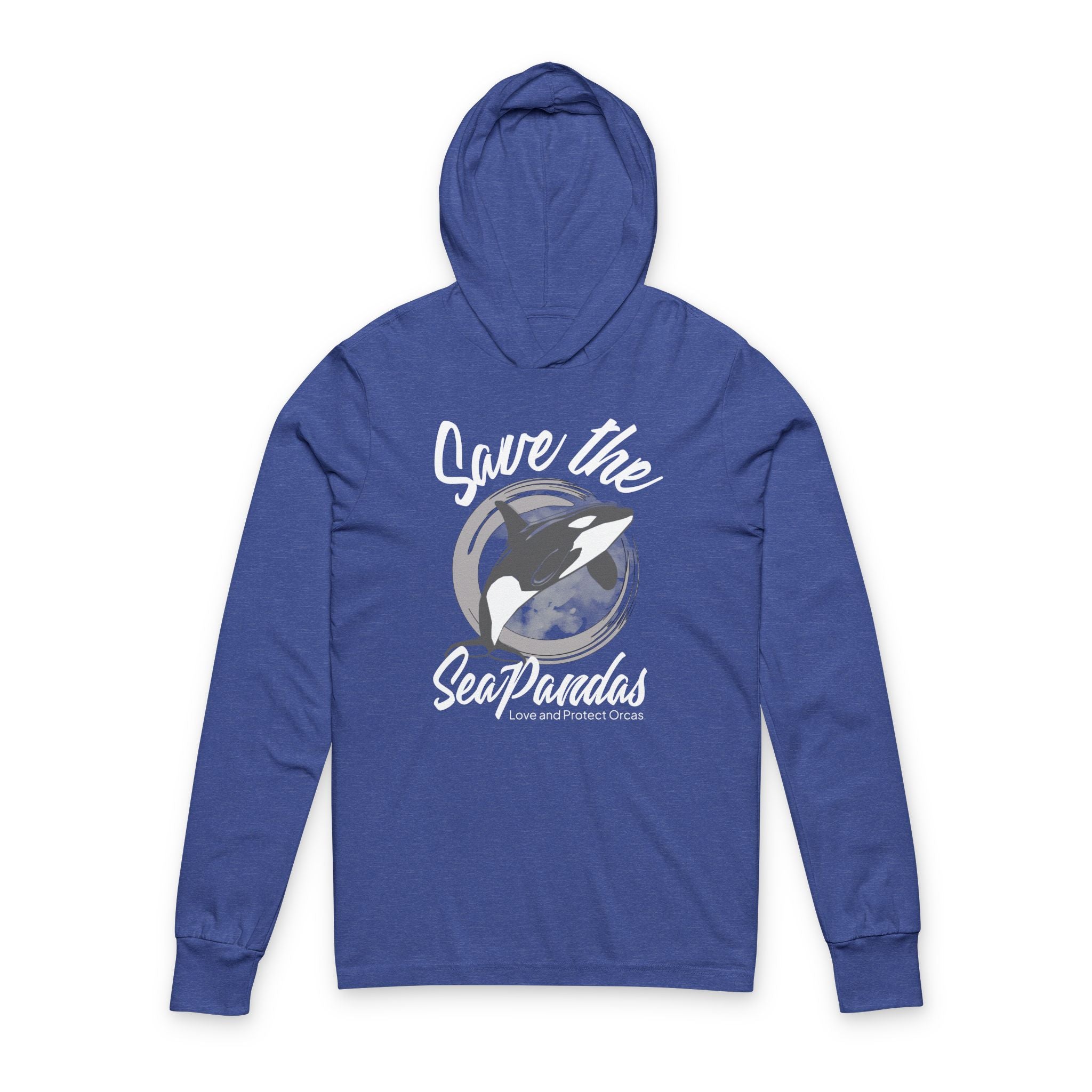 Save the Sea Pandas Hooded Long Sleeve Tee — Orca Conservation Graphic Hoodie Top: Dark Colors