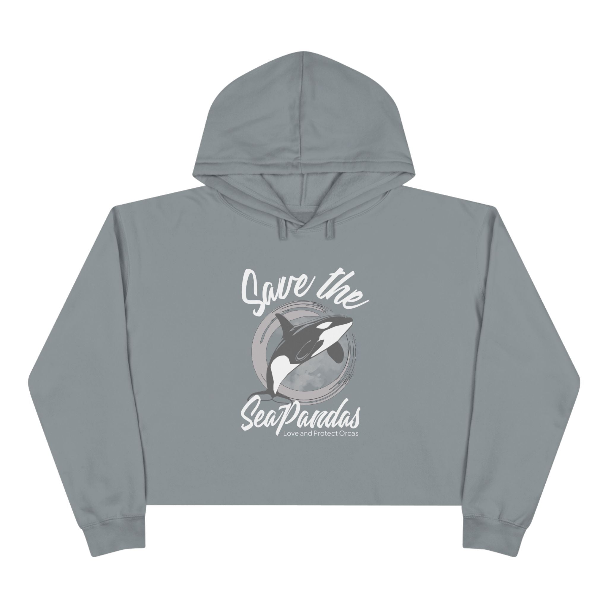 Save the Sea Pandas (Orcas) Crop Hoodie — Chic Fashion Illustration Sweatshirt: Dark Colors