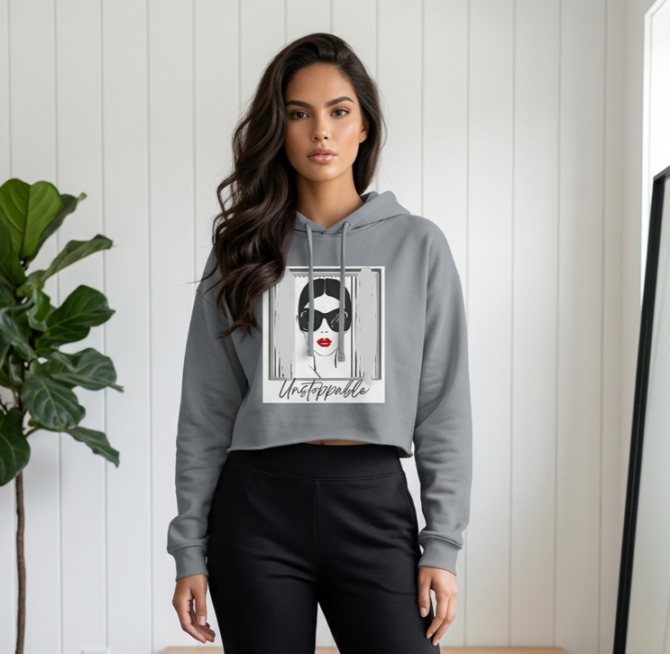 Unstoppable Graphic cropped hoodie with a woman's face and sunglasses