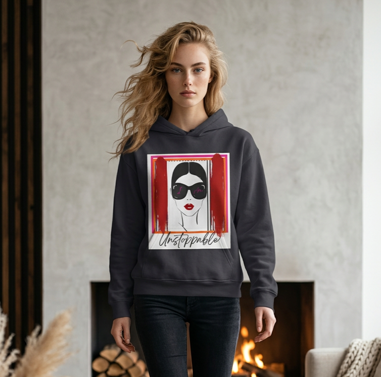Unstoppable Graphic hoodie with a woman's face and sunglasses