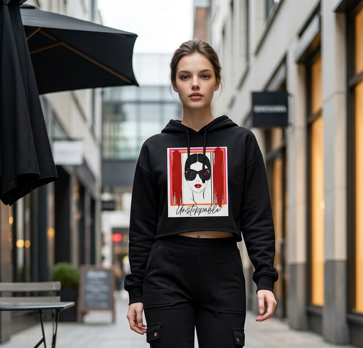 Woman's cropped graphic hoodie with Unstoppable woman's face with sunglasses graphic by DO. LOVE. BE. Apparel