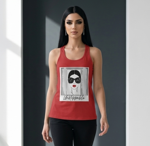 Unstoppable Graphic tank top with a woman's face and sunglasses