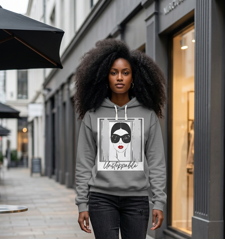 Unstoppable Graphic hoodie with woman's face and sunglasses