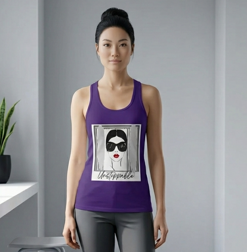 Unstoppable Graphic tank top with a woman's face and sunglasses