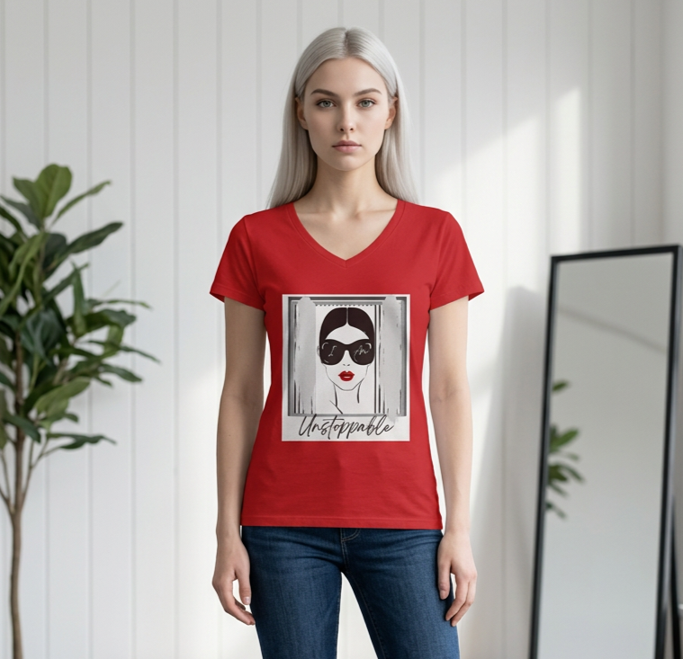 Unstoppable Graphic tee with a woman's face and sunglasses