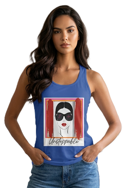 Unstoppable graphic tank top with a woman's face and sunglasses